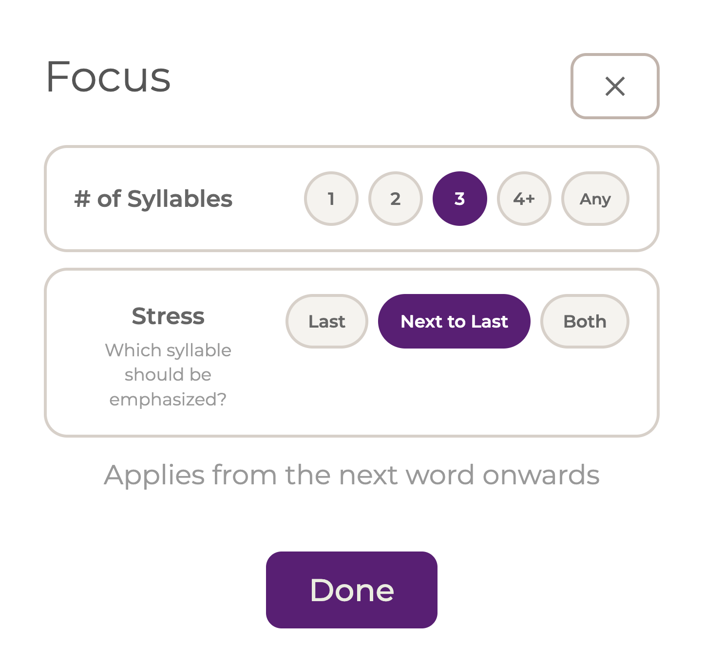 Focus filter modal with syllable and trope options